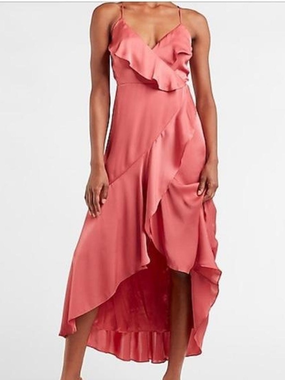 Express Ruffled V-Neck Coral Maxi Dress with High-Low Hem